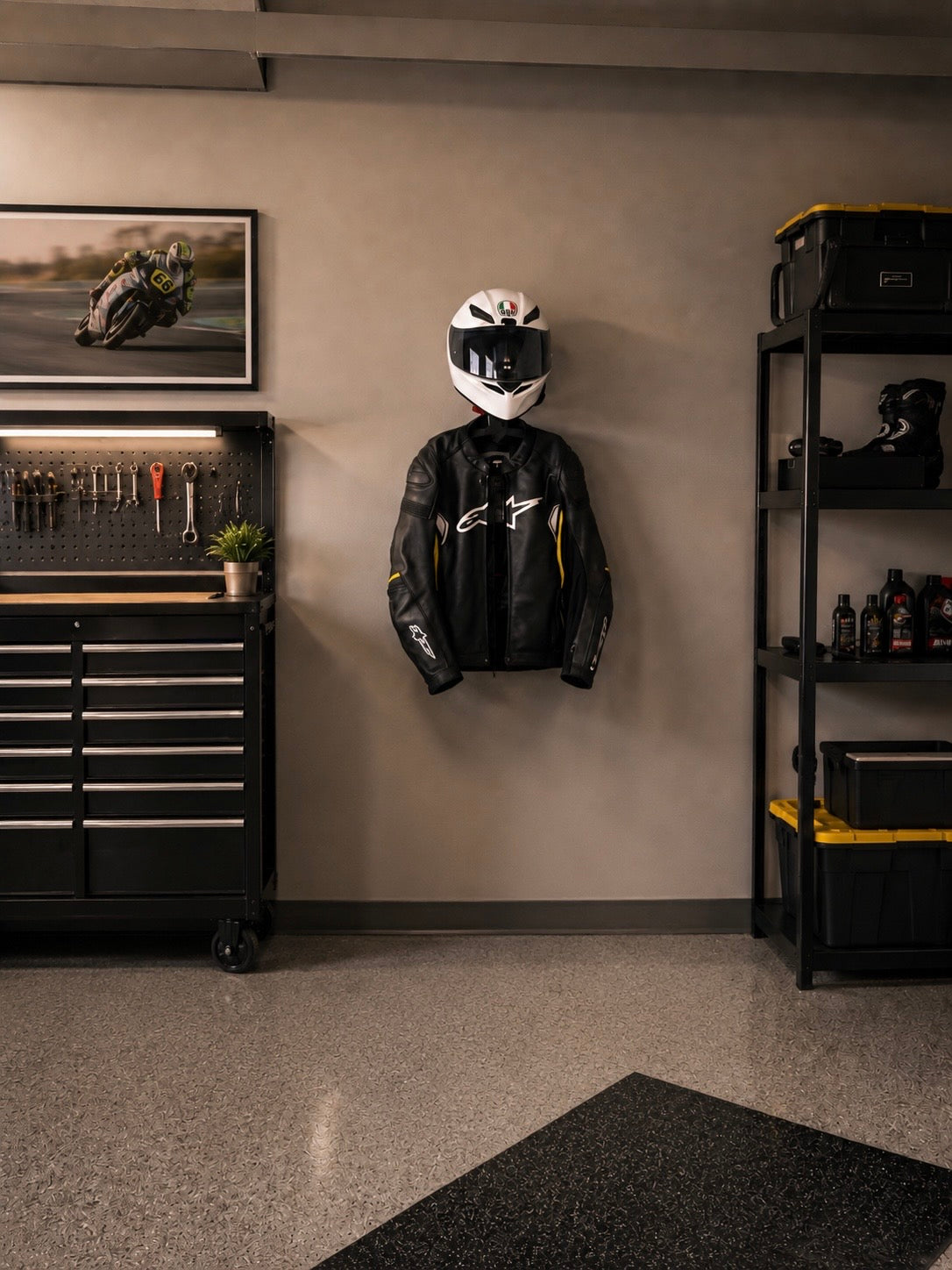 EvoHolder Motorradgarderobe als Wandhalterung für Helm und Lederjacke in einer modernen Garage